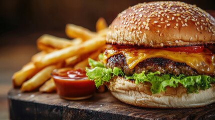 delicious gourmet burger with melted cheese, fresh lettuce, and tomato, served with crispy fries and ketchup