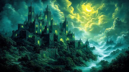Obraz premium A mystical, emerald-hued castle nestled amidst a verdant, fog-shrouded landscape under a pale moon.