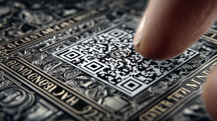 Close-up of a finger touching a QR code on an intricate design