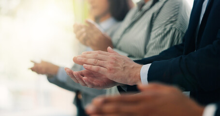 Clapping hands, collaboration and business people in office with goal, achievement or success....