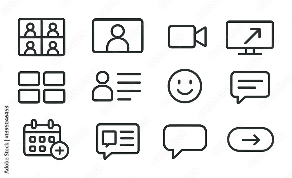 Poster video conference and communication linear icons set for digital interfaces