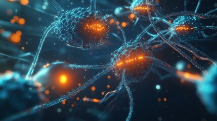 Microscopic Cancer Cells Attacking, Glowing, Abstract, Medical Illustration