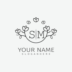 initial monogram wedding with creative circle line flower.