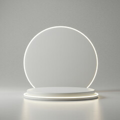 White round podium display stand with glowing white neon ring arch against plain light grey background. Empty minimalist stage showcase presentation scene.