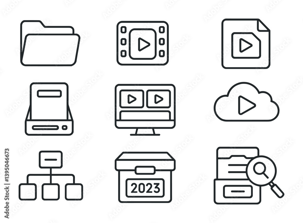 Poster digital media management icons set: linear style collection for file organization and streaming