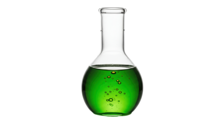 Isolated Round Bottom Flask Filled with Green Liquid and Bubbles
