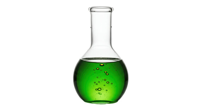 Isolated Round Bottom Flask Filled with Green Liquid and Bubbles