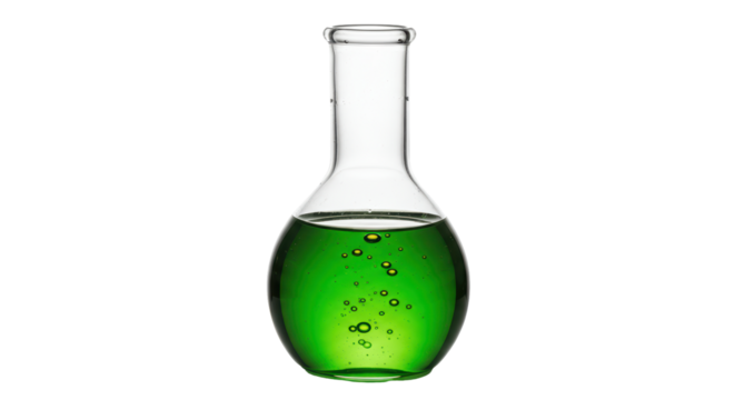 Isolated Round Bottom Flask Filled with Green Liquid and Bubbles