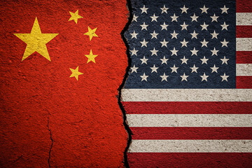 China and USA Flags on Cracked Wall Symbolizing Political Conflict, Trade War and International Relations Crisis
