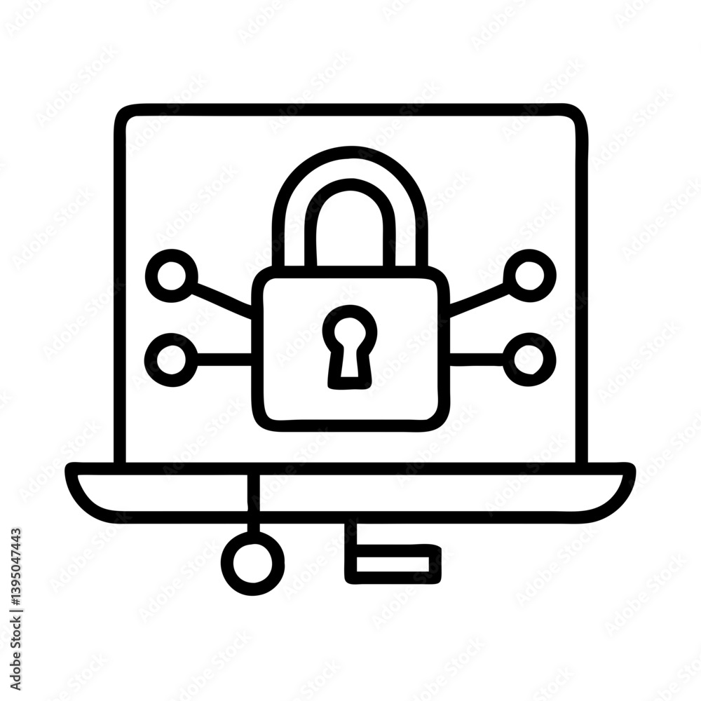 Poster cybersecurity lock on computer for data protection and network security concept icon