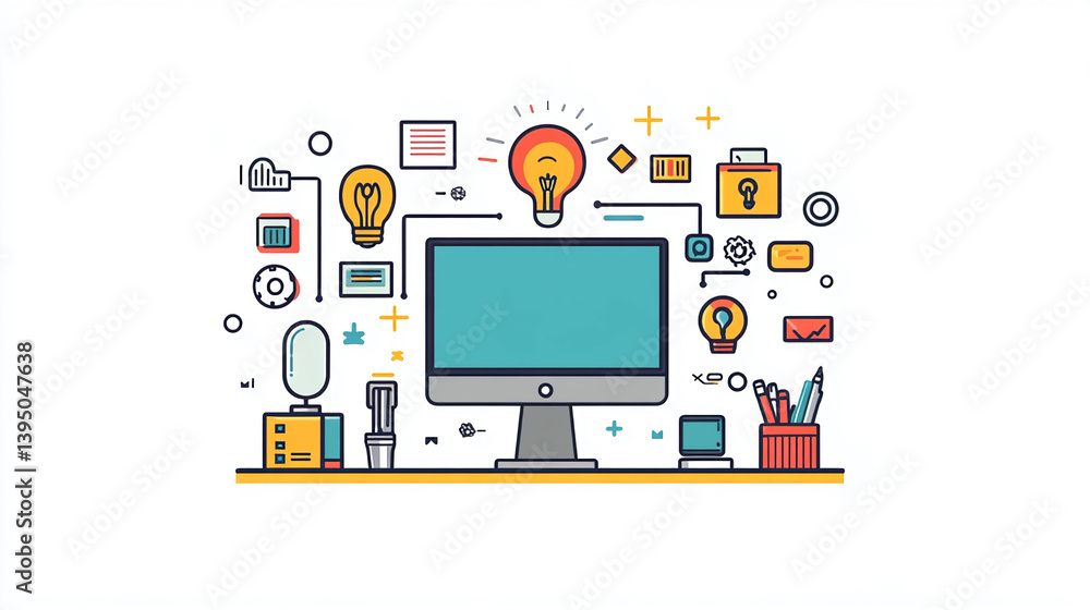 Fototapete creative workspace illustration with computer and lightbulbs for design and innovation concept art