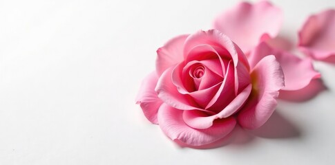 Delicate pink rose petals unfolding on white background, floral, flowers, blossom