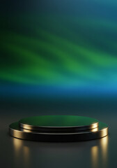 Black round podium display stand with gold trim on reflective floor against dark background with green aurora borealis or wave effect. Empty magic stage.