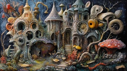Fototapeta premium Whimsical surreal fantasy landscape with buildings and vegetation in a dark setting.