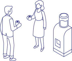 People talking on coffee break in office vector line isometric character isolated on white background