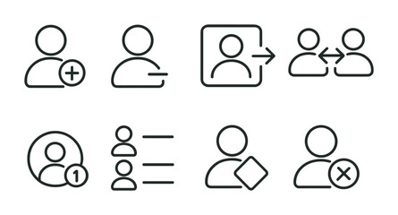 Social interaction icon set: linear style for contact management and user profiles