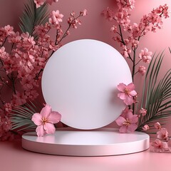 Light Pink and White E-commerce Background with White Circular 3D Display Board, Leaves, Small Flower, Light and Shadow, Bright, HD, 8K Resolution