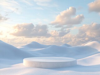 Central Round Platform， Ideal for Product Photography and E-Commerce Promotion Posters，White Desert Landscape with 3D Podium Background, Sky Blue Clouds, Simple Clean Style