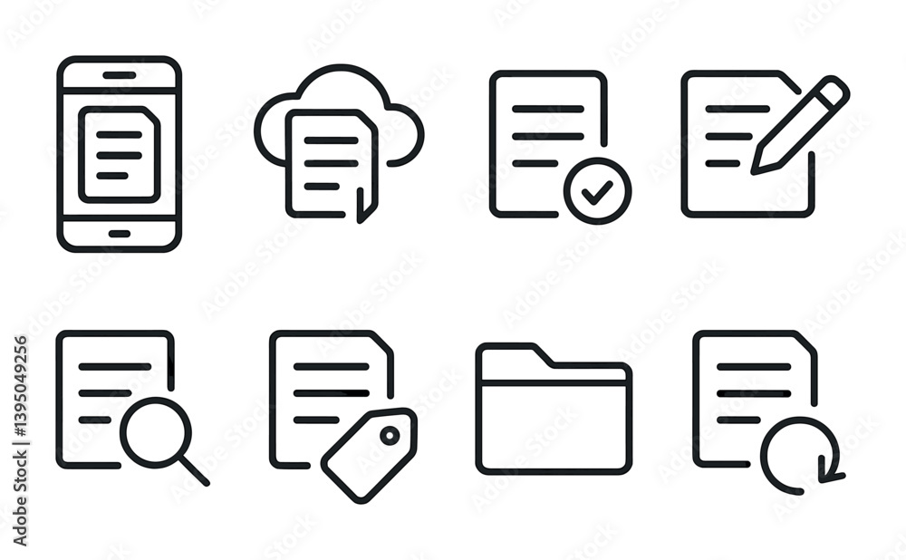 Poster essential document icons set - linear style for digital and print projects