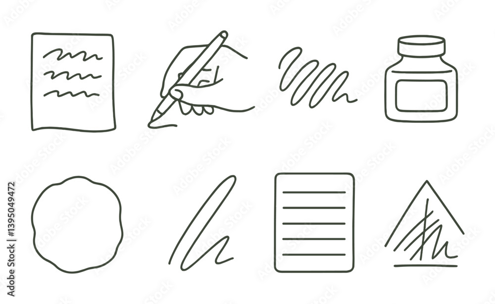 Poster handwriting and writing tools icon set: linear style collection for creative projects
