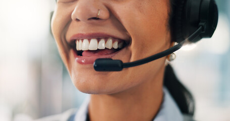 Headset, happy and mouth of woman in callcenter for online consultation for customer service....