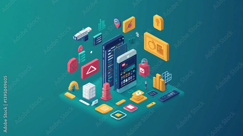 Poster isometric mobile app development ui ux design elements for digital marketing strategy and technology