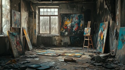 Obraz premium A dilapidated room with paintings and an easel bathed in window light.