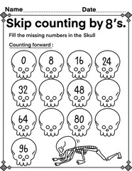 Skip counting by 8 with skull, math activity for kids, preschool, kindergarten and homeschool , fit for 8.5”x11” size