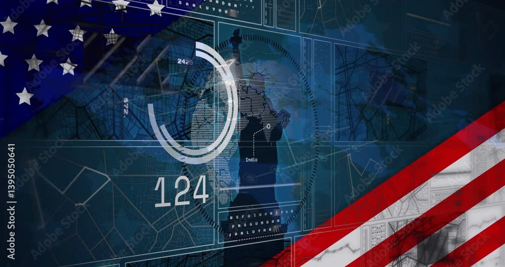Poster digital world map and data processing animation over american flag elements