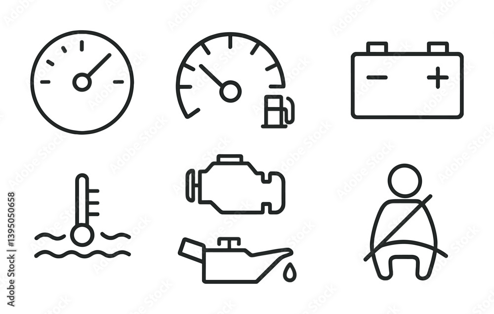 Aufkleber essential dashboard icons set: linear style for automotive interfaces