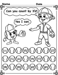  Skip counting by 3 with baseball pitcher, math activity for kids, preschool, kindergarten and homeschool , fit for 8.5”x11” size