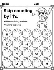 Skip counting by 11 with baseball batter, math activity for kids, preschool, kindergarten and homeschool , fit for 8.5”x11” size