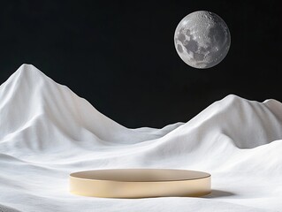 Abstract Podium Scene with White Sand Dunes and Moon, Black Sky, Golden Circular Platform, Minimalist Style, High Resolution, Quality, Detail, Simple Design, Shadowless, Professional Photography