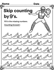  Skip counting by 9 with baseball catcher, math activity for kids, preschool, kindergarten and homeschool , fit for 8.5”x11” size