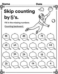  Skip counting by 5 with baseball player , math activity for kids, preschool, kindergarten and homeschool , fit for 8.5”x11” size