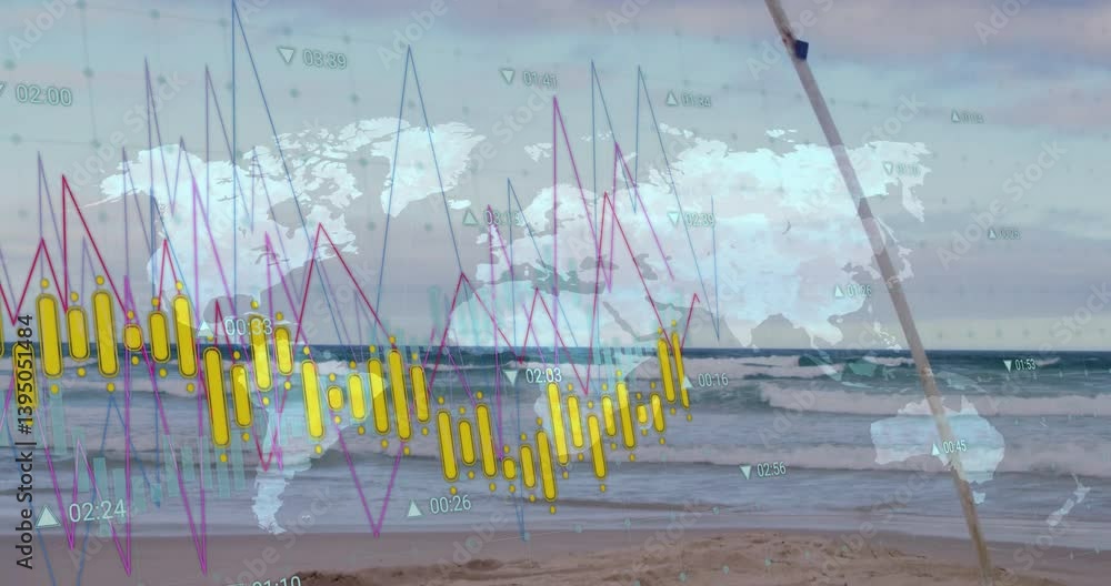 Poster graphs and world map animation over beach scene with ocean waves