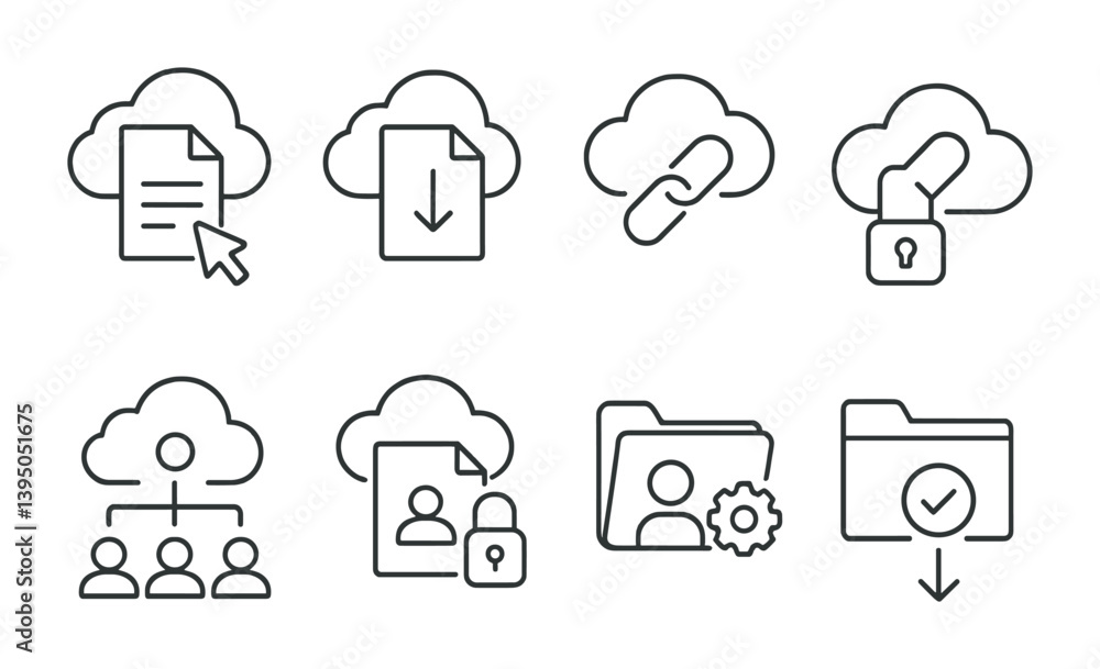 Poster cloud computing icons set - linear style for document management and security