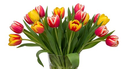 Obraz premium Colorful Tulips Bouquet in Glass Vase with Red and Yellow Blooms