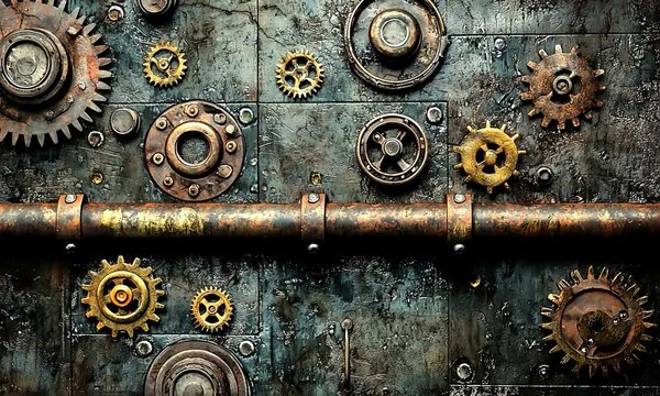 Close-up view of an intricate steampunk machinery background featuring rusted gears and pipes