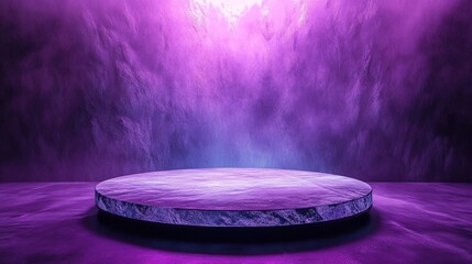 Circular Podium on Light Purple Background, Dark Compositions, Textured Surfaces, Technological Themes, Dark Purple and Azure Tones, Webcore, Volumetric Lighting, Opaque Resin Panels