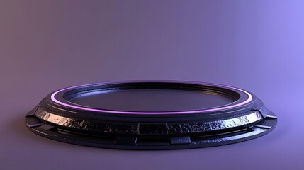 Circular Podium on Light Purple Background, Dark Compositions, Textured Surfaces, Technological Themes, Dark Purple and Azure Tones, Webcore, Volumetric Lighting, Opaque Resin Panels