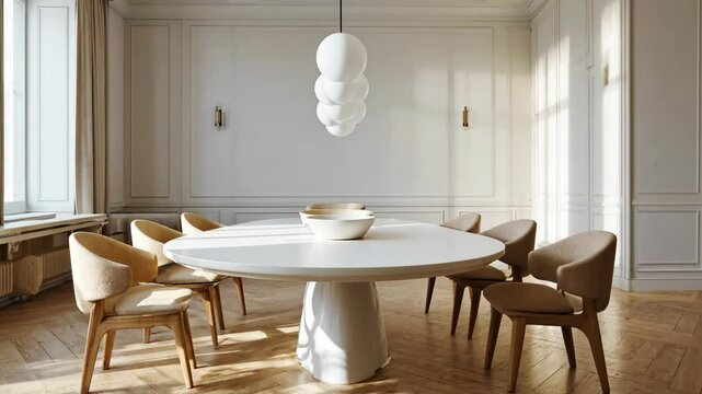 Elegant dining room with modern decor and natural light during daytime
