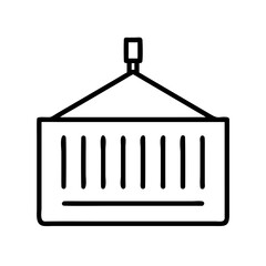 Outline drawing of a shipping container being lifted by a crane for transport