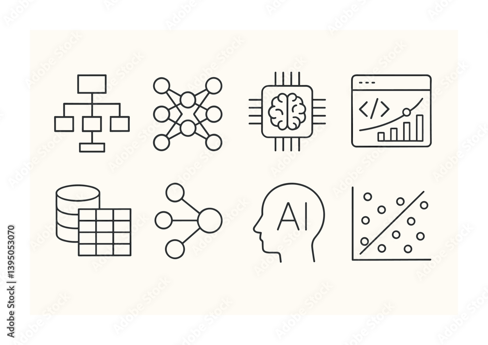 Poster technology and data science icons set — linear style for digital applications