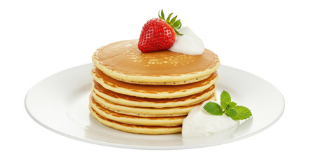 Isolated Stack of Pancakes with Strawberry Mint and Cream Toppings