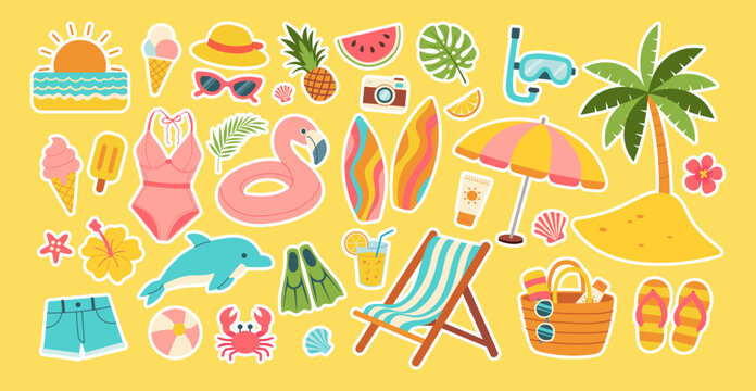 A collection of stickers depicting various beach and pool items, including a flamingo, a surfboard, a camera, a chair, a hat, a bikini, a watermelon, a pineapple, a cup, a bottle