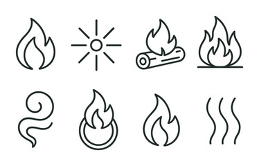 Minimalist fire icon set: 8 linear designs for flames, heat, and warmth themes