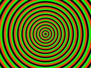Naklejka premium An abstract background with concentric circles in alternating bands of bright green, orange, and black. The pattern creates a hypnotic, almost dizzying effect.