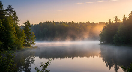 Fototapeta premium Fog Rolling Over Still Lake at Sunrise with Tree Reflections