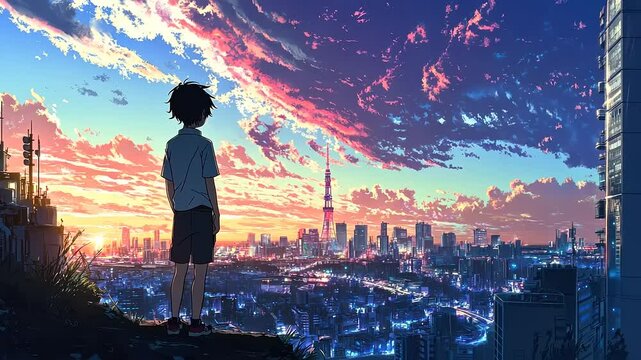Cityscape at Sunset: A Boy's Contemplation